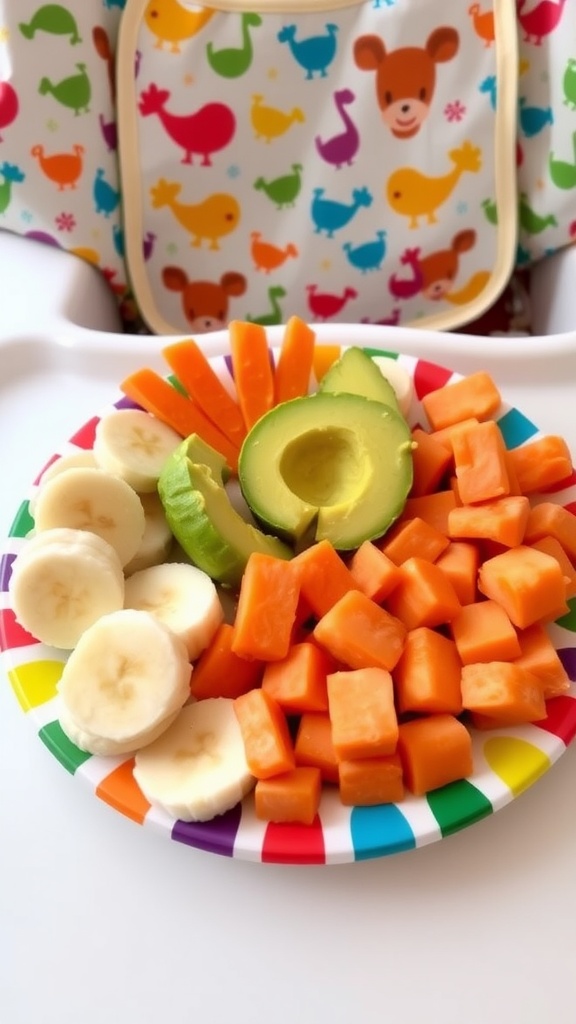 A vibrant plate of healthy snacks for a 9-month-old, including banana slices, avocado mash, carrot sticks, and sweet potato cubes.